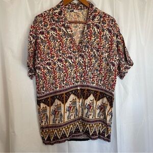 PAPILLON Women’s Vintage Red Gold Elephant Button Down Short Sleeve Size Medium
